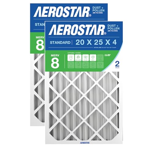 Aerostar 20x25x4 MERV 8 Air Filter 2 Count ACTUAL SIZE (19.50 x 24.50 x 3.75) HVAC Furnace Filter for Allergies Dust Pet Dander & Smoke (MPR 1500 / FPR 10) Fits Lennox & Honeywell Devices
