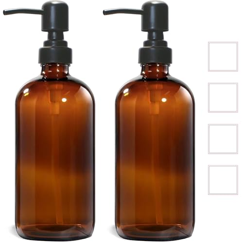 Amber Glass Soap Dispenser, 2 Pack Hand Soap Dispenser with Stainless Steel Pump for Bathroom and Kitchen, 16 oz, Premium Glass Pump Bottles