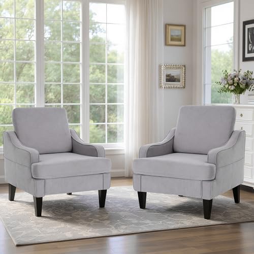 Image of Set of 2 Accent Chair for Living Room,Mid-Century Arm Chair Fabric Living Room Chairs,Upholstered Reading Chair for Bedroom,Single Sofa Chair with Wood Legs for Apartment (Grey)