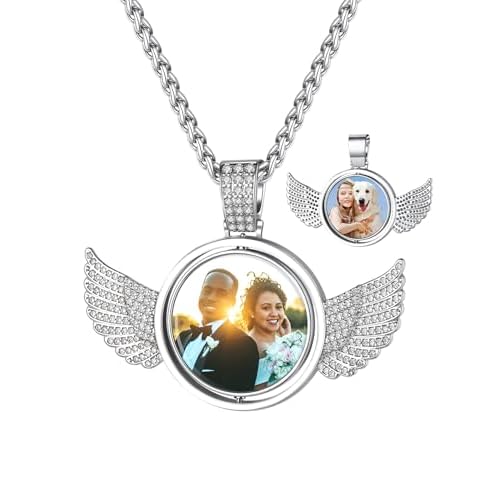 Custom4U Picture Necklace Personalized Photo for Men Women Steel/18K Gold Plated/Black Custom Angel Wings/Heart Pendant Necklace with Picture Memory Circle Chain 18-30 Inch,Hip Hop Jewelry+G