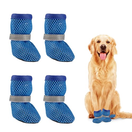 4 Stück Sommer Hundeschuhe,Pfotenschutz Hundeschuhe Outdoor,Mesh Anti-Rutsch Hundesocken,Hunde Schuhe Sommer,Atmungsaktive,Verstellbarem Shoes,Pfotenschutz Hundestiefel für Hundepfoten Schutz
