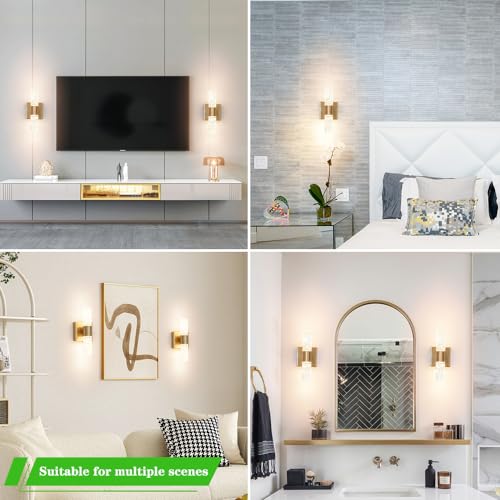 Image of Crystal LED Wall Sconces Set of 2, Brushed Gold Bathroom Light Fixtures, Modern Bathroom Sconce Lights with Wired LED for Bedroom,Living Room,Hallway | Gold Vanity Wall Lighting & Crystal Wall Decor