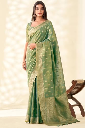 Image of SWORNOF Gold-Toned Woven Design Silk Zari Tissue Saree | Saree for Women | Soft and Skin Friendly