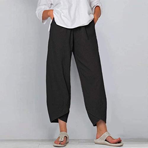 Image of Womens Cotton Linen Capri Pants Casual Elastic Printed Ankle Pants | Cotton Linen Capri Pants for Women 2025 Casual Printed Cropped Palazzo Pants Elastic Waist Lounge Baggy Trousers