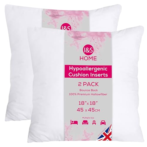 I&S Home Cushion Inserts 45cm x 45cm (18x18) Square Cushion Inner Pads - Bounce Back Cushion Filler - Hypoallergenic Scatter Cushions for Sofa and Couch - Pack of 2