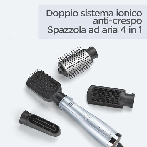 BaByliss Hydro-Fusion 4in1, Spazzola ad aria calda, 4 accessori intercambiabili, funzione ionica anti-crespo, asciuga, liscia, dona volume e modella, Azzurro, AS774E - Immagine 1