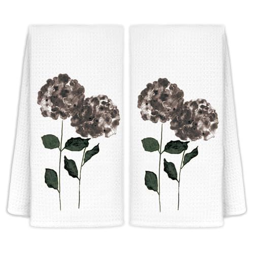 Black & White Floral Kitchen & Bath Towels - Hydrangea Decor Set of 2, 16x24 in