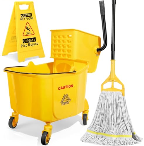 Image of 35 Qt Commercial Mop Bucket with Side Press Wringer on Wheels Set | Including 35 Quart Industrial Mop Bucket |1 Commercial Mop |1 Wet Floor Caution Sign | Yellow