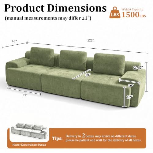 Image of 122 inch Oversized Boneless Couch, Comfort Cloud Sectional Couches for Living Room, Modular Sofa High Back & Extra Deep Seat, No Assembly, Soft Chenille Fabric (Olive Green, 122 inch-（3+0）)