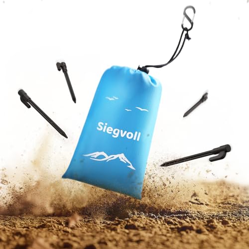Siegvoll Stranddecke sandfrei 210 x 200 cm Ultraleicht tragbare Outdoor Picknickdecke für Strand Wandern Campen Strandmatte inkl. 4 Befestigung Ecken Karabiner Tragebeutel