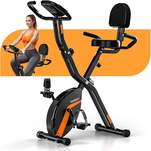 VANNECT Bicicleta estática plegable con respaldo y 8 niveles de resistencia, magnéticas, bicicleta estática de casa con banda de resistencia, monitor LCD de medición y pulsaciones, capacidad de carga