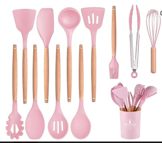 SOONHUA 12Pcs Silicone Kitchen Utensils Set, Wooden Handle Heat Resistant Cooking Tools with Storage Holder, Non-Stick Cookware Compatible Kitchen Gadgets for Home Cooking Enthusiasts (Pink)