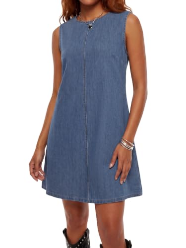 Image of KIFOVEN Women's Crew Neck Sleeveless A Line Casual Mini Denim Dress