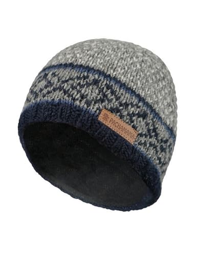 Image of Pachamama Men Wool Beanie Skull Hat Fleece Lined Handknitted Navy Fairisle One-Size Handmade Skull Cap Extra Warm Fair Trade
