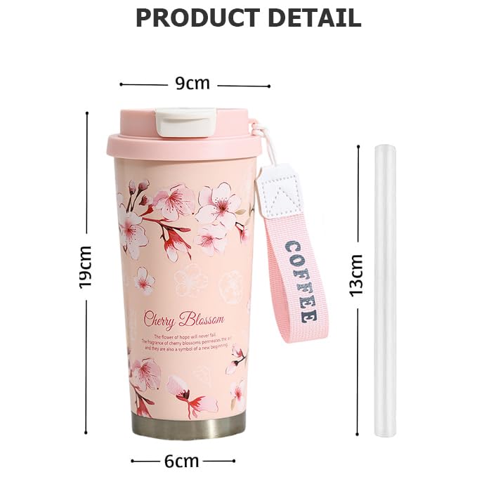 Image of Spiaty Summer Garden Floral Travel Mug with Strap, White Roses Design,500 ml Insulated Coffee Cup with Lid Leak-Proof Thermos Mug for Coffee, Tea, Hot or Cold Beverages