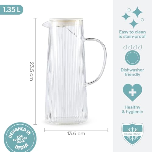 Image of Borosil 1.35 L Breeze Glass Jug with Acacia Wood Lid | Borosilicate Glass Water & Juice Pitcher | Refrigerator Safe | Elegant Serving Jug for Home & Dining
