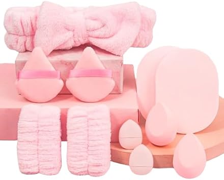 Kit skincare Face Makeup Tool com 11Pcs Kit de Maquiagem com Esponjas, CleanerTool, Headband, Beauty Tool (Rosa)