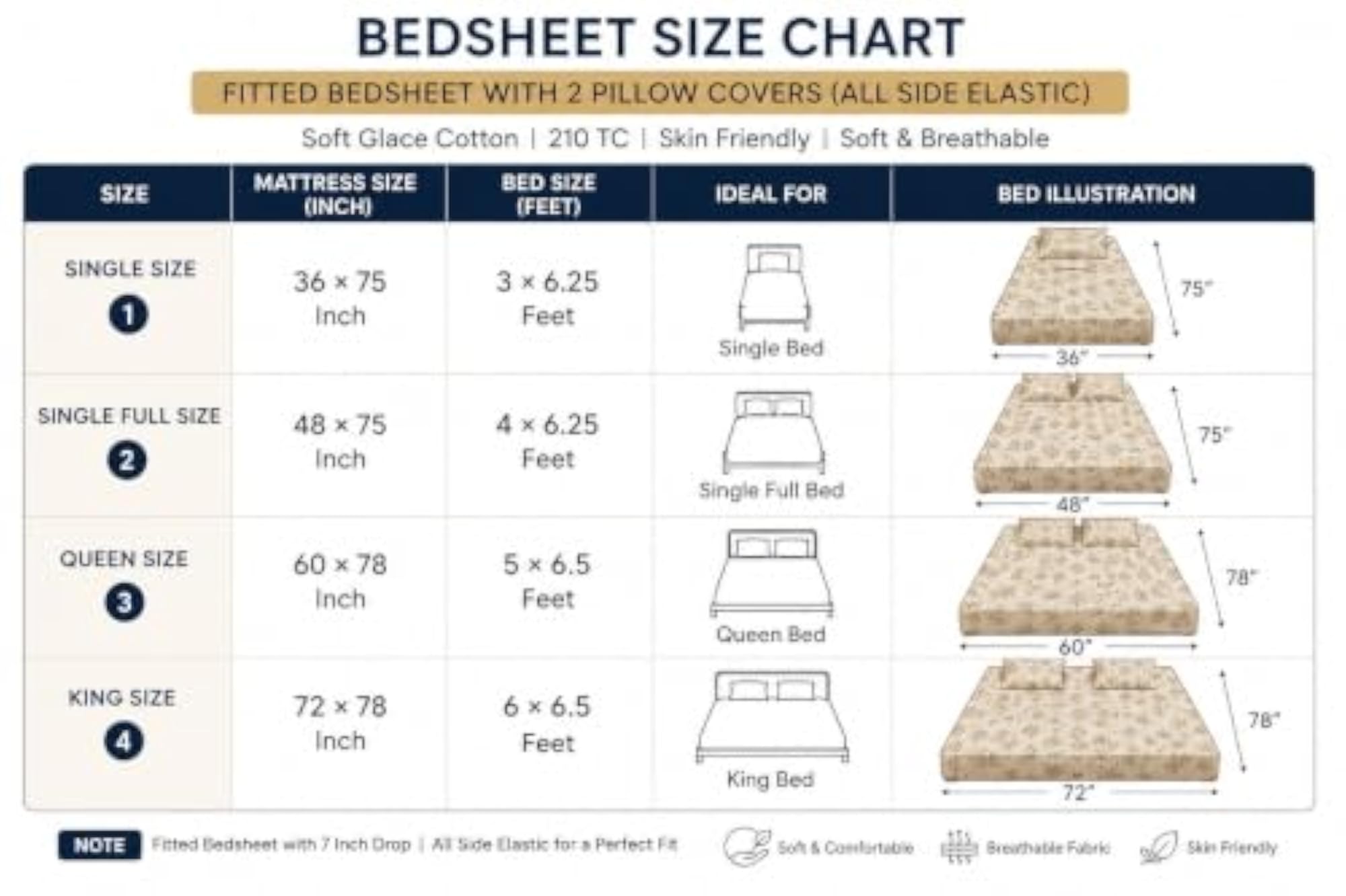 Brown 3D Print 220 TC Glace Cotton Fitted Bedsheet with 2 Pillow Covers