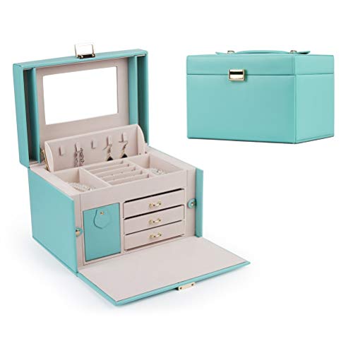 DerBlue Jewelry Box Jewelry case Jewelry Organizer Box for Women, Large Functional Faux Leather Jewelry Organizer, Huge Jewelry Storage Case (Tiffany Blue)