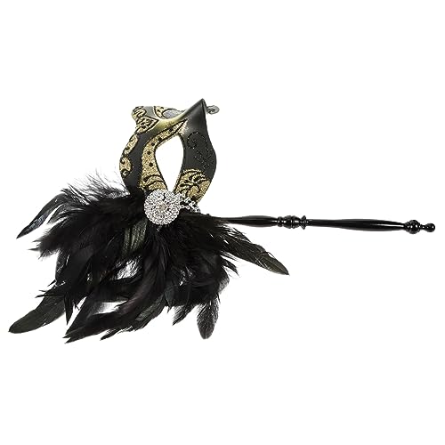 GALPADA Masque Demi Visage à Main Décoré de Plumes et Strass Dorés Masque de Fête pour Halloween Cosplay et à Thème