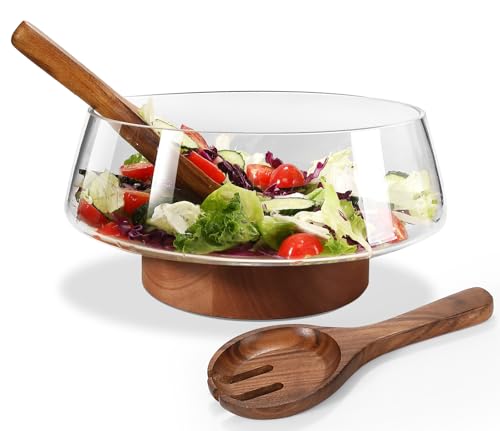 Comparison: Best Salad Bowl Set 8 Airsent Glass Salad Bowl Set with Wood Base Servers,Extra Large Hand Blown Salad Bowls Kitchen Must Haves,Big Serving Bowl&Trifle Glass Bowl&mixing bowl,Wooden Kitchen Utensils for Party