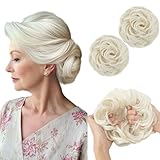 SARLA 2PCS Messy Hair Bun Hair Pieces Wavy Curly Synthetic Updo Fake Scrunchies Ponytail Extension for Women Platin Blonde