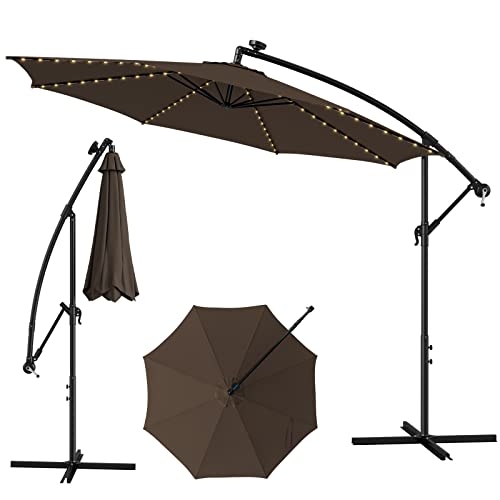COSTWAY 3M Cantilever Garden Parasol with Solar-Powered 112 LED Lights, Offset Banana Umbrella with Tilted Design, Crank Handle & Cross Base, Outdoor Hanging Sun Shade for Patio Market (Brown)