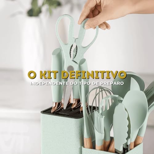 Kit Utensílios de Cozinha 19 Peças Conjunto Completo em Silicone com Cabo de Madeira Antiaderente co