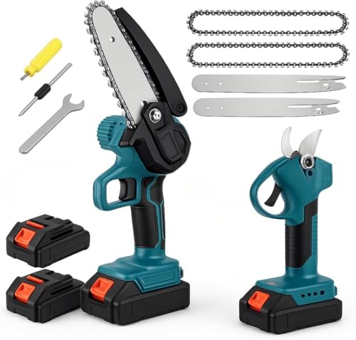 VAZY24 Mini Motosega a Batteria 6” con Oliatore + Forbici Elettriche Potatura – Kit 2 in 1 48V con 2 Batterie, Barra e Catena 4/6 Pollici, Caricatore e Accessori – Taglia Rami Alberi