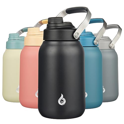 BJPKPK Half Gallon Insulated Water Bottles, 64oz Water Jug with Metal Handle & BPA Free Spout Lid, Dishwasher Safe Flasks, Large Stainless Steel Gym Sport Jugs, Black