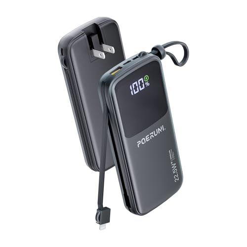 POERUNI. 10000mAh Power Bank with a Built-in AC Wall Plug Led Display and Two Built-in Cables.USB-C Fast Charging Compatible with iPhone,Samsung,and Android Smartphones, Portable Charger with Travel.