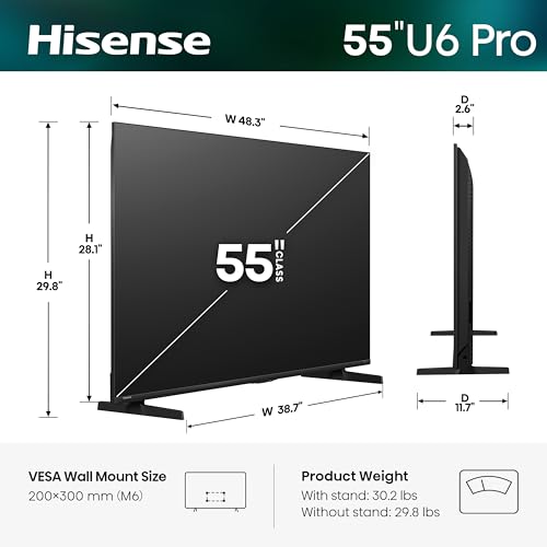 Hisense 55" U6 Pro Series Mini‑LED ULED 4K UHD HDR Gaming AI Smart Fire TV (55U6SF Pro, 2026 New) – Hi-QLED, Native 144Hz, Motion Rate 480, Dolby Vision IQ,· Atmos, HDR10+, Glare-Free, Alexa+