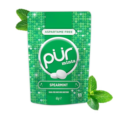 PUR Mints | Aspartame Free Breath Mints | Made with Xylitol | Sugar Free Vegan Gluten Free | Natural Spearmint Flavour | 65 Pieces in Re-Sealable pouch (Pack of 1)