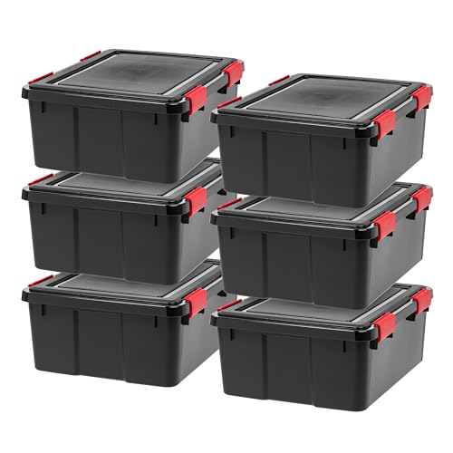 Image of IRIS USA WeatherPro 31 Qt Storage Bins with Lids, 6 Pack, BPA-Free Plastic Gasket Box with Tight Latch and Seal, Stackable Nestable Tote Tub - Black /Red