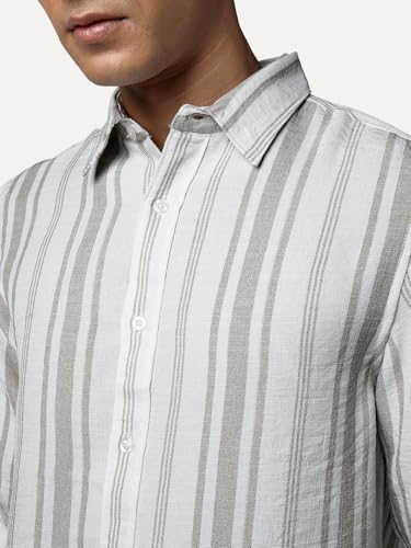 Image of Urbano Fashion Men's Cotton Full Sleeve Relaxed Fit Linen Striped Shirt with Spread Collar
