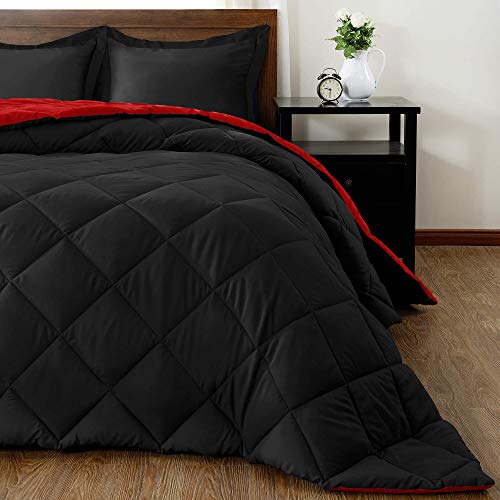 Downluxe Lightweight Solid Comforter Set (Twin) With 1 Pillow Sham - 2-Piece Set - Red And Black - Down Alternative Reversible Comforter #TOP4