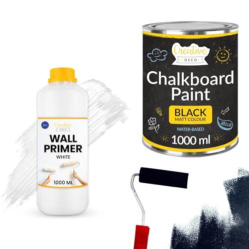 Creative Deco 1L Black Magnetic Paint Chalkboard Paint + 1L White Wall Primer | Matte Blackboard | Water-Based Non-Toxic Quick Drying | Walls Furniture Wood Glass Metal