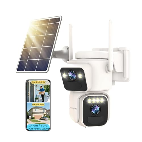 LUOVEE Solar Überwachungskamera Aussen Akku, Kabellos, 2K Dual Objektiv, PTZ Kamera mit 360° Blick, Farbnachtsicht, 5GHz/2.4GHz WLAN, Bewegungsmelder, Zwei-Wege-Audio, SD & Cloud Speicher, IP65