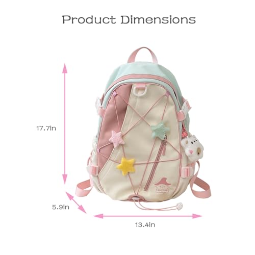 MYSNKU Kawaii Schoolbag Backpack with Cute Pendenat Star Y2K Aesthetic Cute Preppy Schoolbag for Girls (Pink & yellow)2
