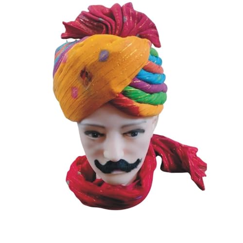 Image of DEHATIBAZAR | Traditional Turban with Tail | Safa with Bow | Red Base with Navy, Green, Orange Stripes | Rajasthani Safa | Provided with rubber ball support and packed in a corrugated box