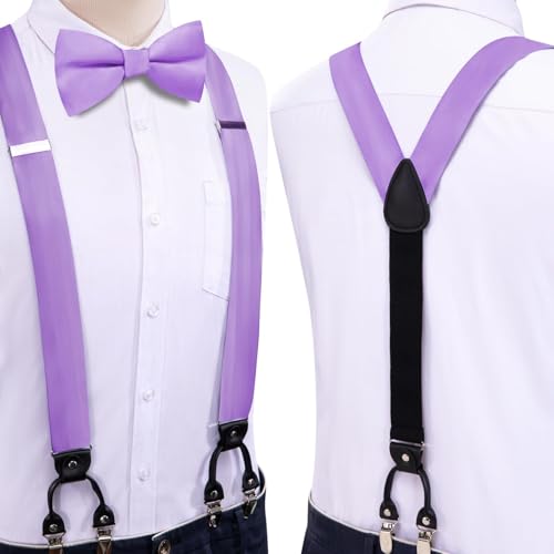 Image of Hi-Tie Men Suspender Bowtie Set Suspenders Pre-tied Bow Tie Pocket Square Cufflinks Adjustable Y Shape 6 Clips Braces Tuxedo
