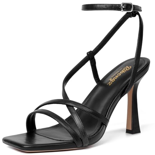 Image of RIBONGZ Block Heels Prom Heeled Sandals for Women Chunky Square Open Toe Strappy High Heels Ankle Strap Wedding Bridal Shoes High Heel Sandals for Party Dress