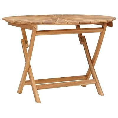 Solid Teak Wood Round Folding Garden Table 43.31 x 29.53 in Natural with Slatted Top for Drainage and Umbrella Hole, Seats Four