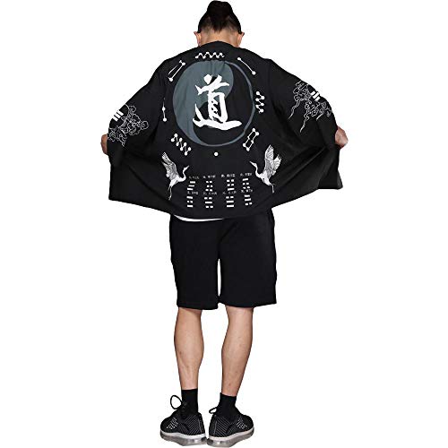 ZooBoo Men Japanese Kimono Cardigan - Chinese Style Japanese Robes Cardigan Feather Knitting Coat - Summer (Black)