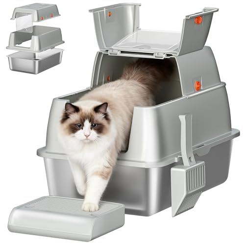 Fobyfurny Bac à Litière en Acier Inoxydable avec Couvercle, XXL Bac à Litière Fermé,Couvercle à Charnière à 180°, Pédale et Pelle Incluses, Facile à Nettoyer, Amovible, 61 x 41 x 40 cm, Gris Clair