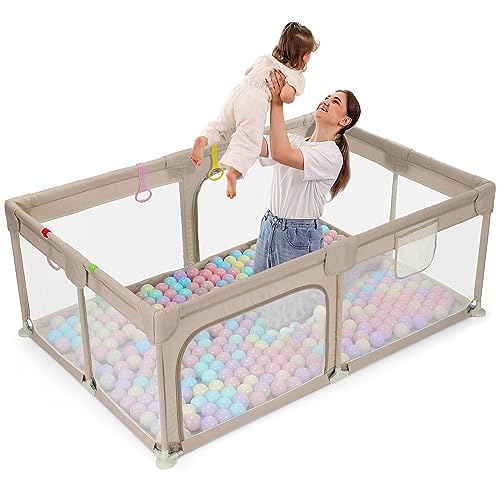 Dripex Laufstall Baby 120x180cm, Laufgitter Baby, Laufstall mit atmungsaktivem Netz, Laufgitter 210D Oxford-Gewebe, Playpen, kinderlaufstall, Große Sicherheitsspielplatz, Braun
