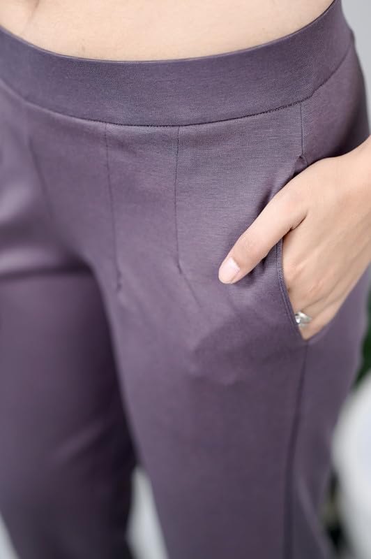 Image of Mlada Straight Fit Cigarette Pencil Pants Elastic Waist Band Mid High Waist Formal Office Trousers for Women, Pockets for Travel Stretch Cotton Knit Full Length Regular /Plus Size