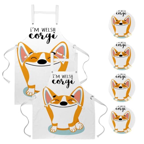 Lot de 2 tabliers de cuisine avec 4 broches motif Corgi amusant