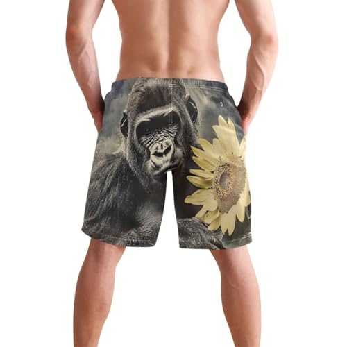 Men Swim Trunks-Gorilla Sunflower, Beach Shorts with Inner Lining Quick Dry Board Shorts S2