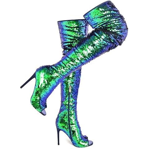 CAMSSOO Blue Boots for Women Thigh High Heel Boots Sequins Knee High Boots Fashion Sexy High Heels Over The Knee Boots Open Toe Stiletto Sparkle Boots Party Dance Size 8.5 Cover